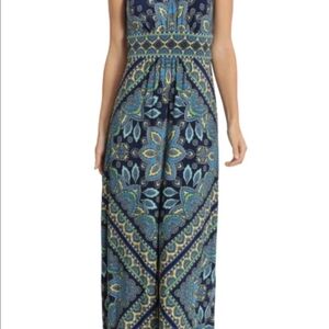 London Times Blue and Green Medallion Halter Maxi Dress